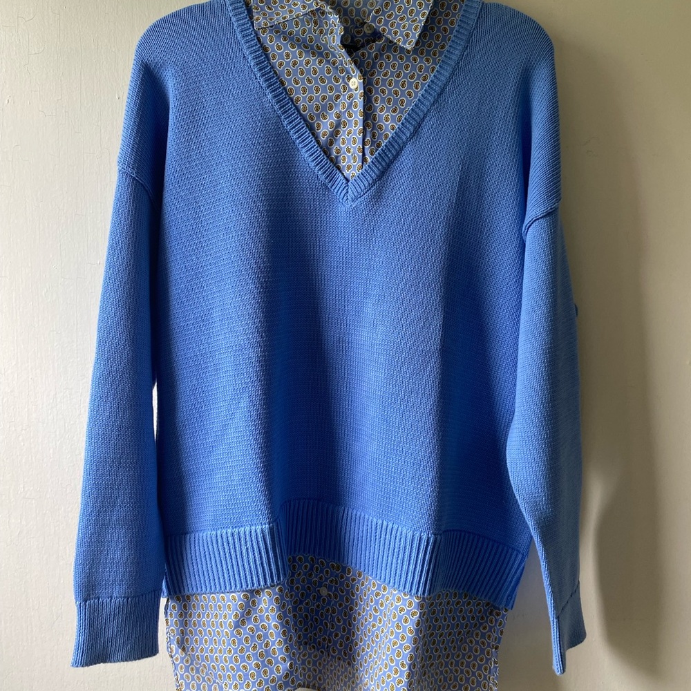 Blue V-Neck Sweater with Patterned Shirt combo